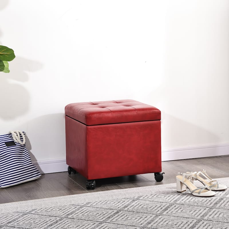 Adeco Bonded Leather Storage Ottoman Square Tufted Cube Footstool - Wine-red-faux-leather-with-casters