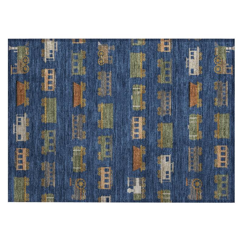 Machine Washable Indoor/ Outdoor Modern Train Chantille Rug