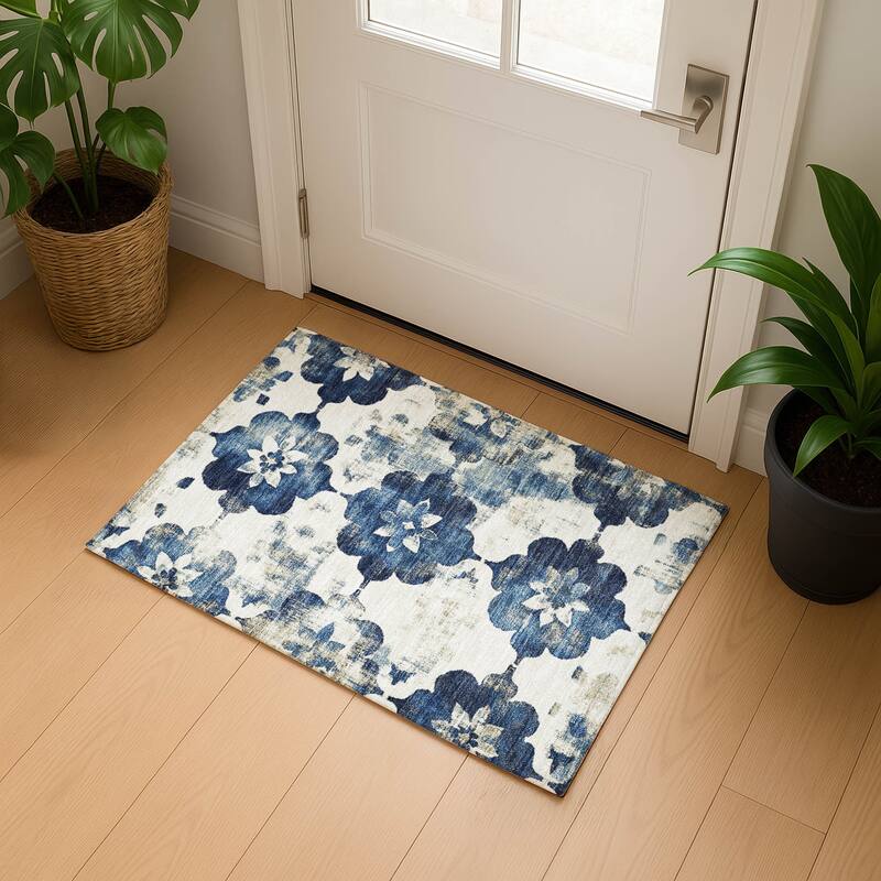 Premium Washable Super Soft Modern Floral Mayfield Rug - Navy - 1'8" x 2'6"