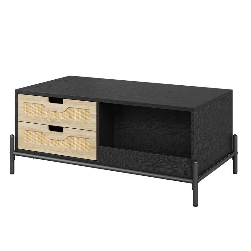 Coffee Table with LED Light,4 Large Storage Drawers and 2 Open Storage Shelf - Black