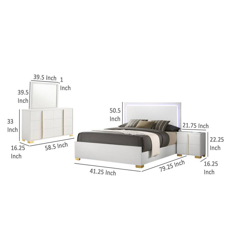 Dex 4 Piece Twin Bedroom Set, White, Gold Accents, LED Headboard