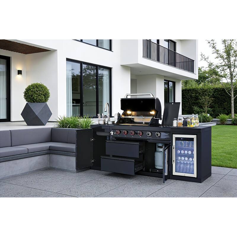 GDFStudio Xaviron Stainless Steel Outdoor Kitchen Island Grill with 4 Burners, Rotisserie and Refrigerator