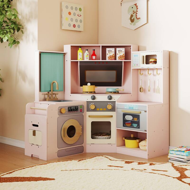 Gymax Corner Kitchen w/ Lights & Sounds Interactive Wooden Playset for