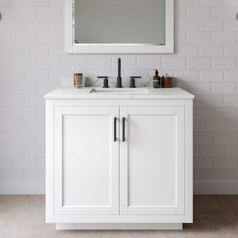 Wyndham Collection WCF292936S-QTZ-US3M34 Miranda 36" Free Standing - White / Giotto Quartz Top / Matte Black Hardware