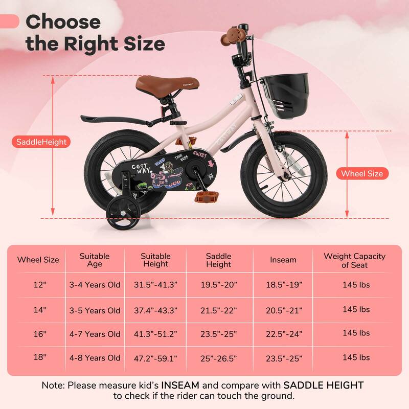 Costway 12"/14"/16"/18" Kid’s Bike with Training Wheels Adjustable