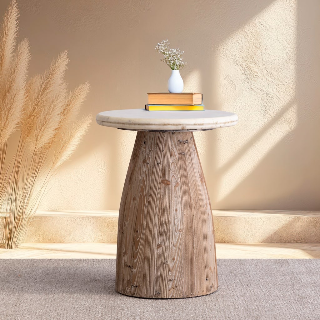 Round Wooden Side Table with Marble Top - 22" - Beige and White