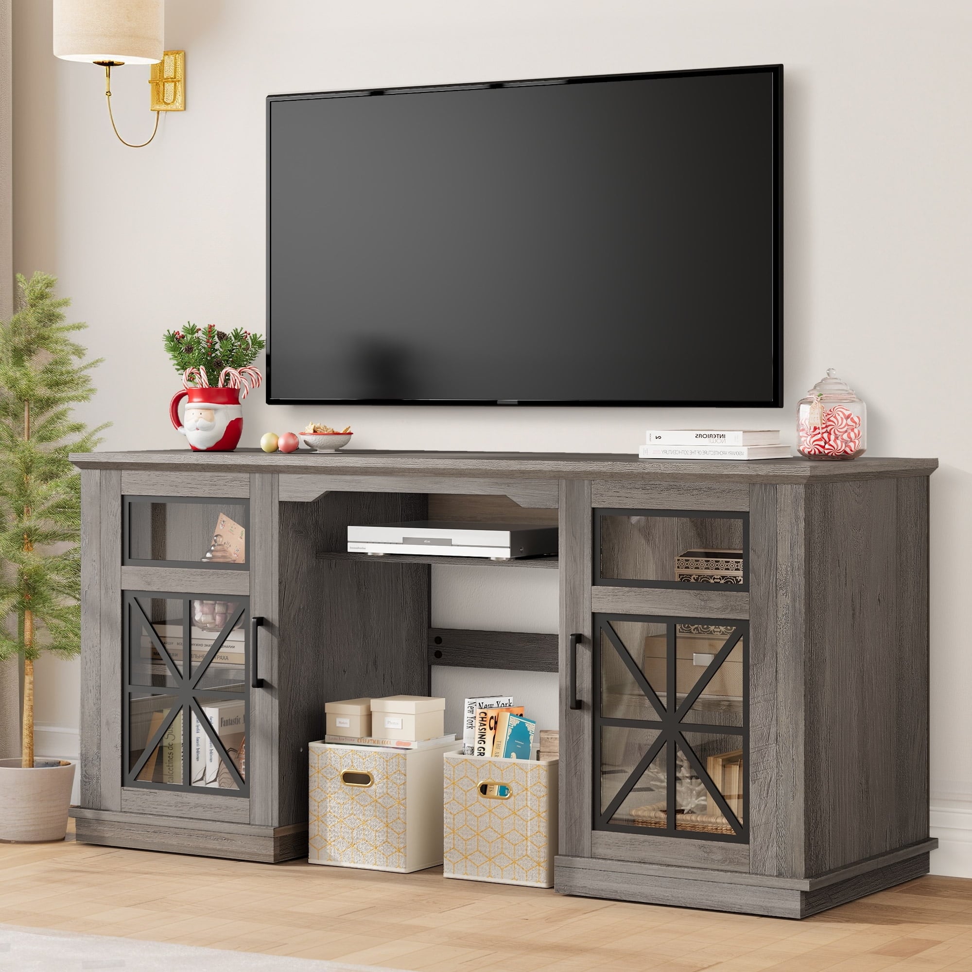 Gray Farmhouse TV Stand for 65-inch TVs with Glass Doors and Adjustable Shelves