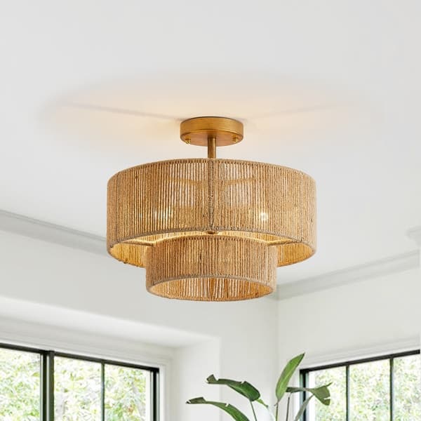 slide 2 of 21, Bohemian 3-Light Antique Gold Natural Jute Rope Drum Semi-Flush Mount Ceiling Light - 15.4" W x 12.6" H
