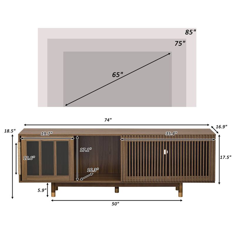 Mid-Century Modern TV Stand Cat House Litter Box with Sliding Flip-Down Glass Door and Cat Scratching Board, for Living Rooms