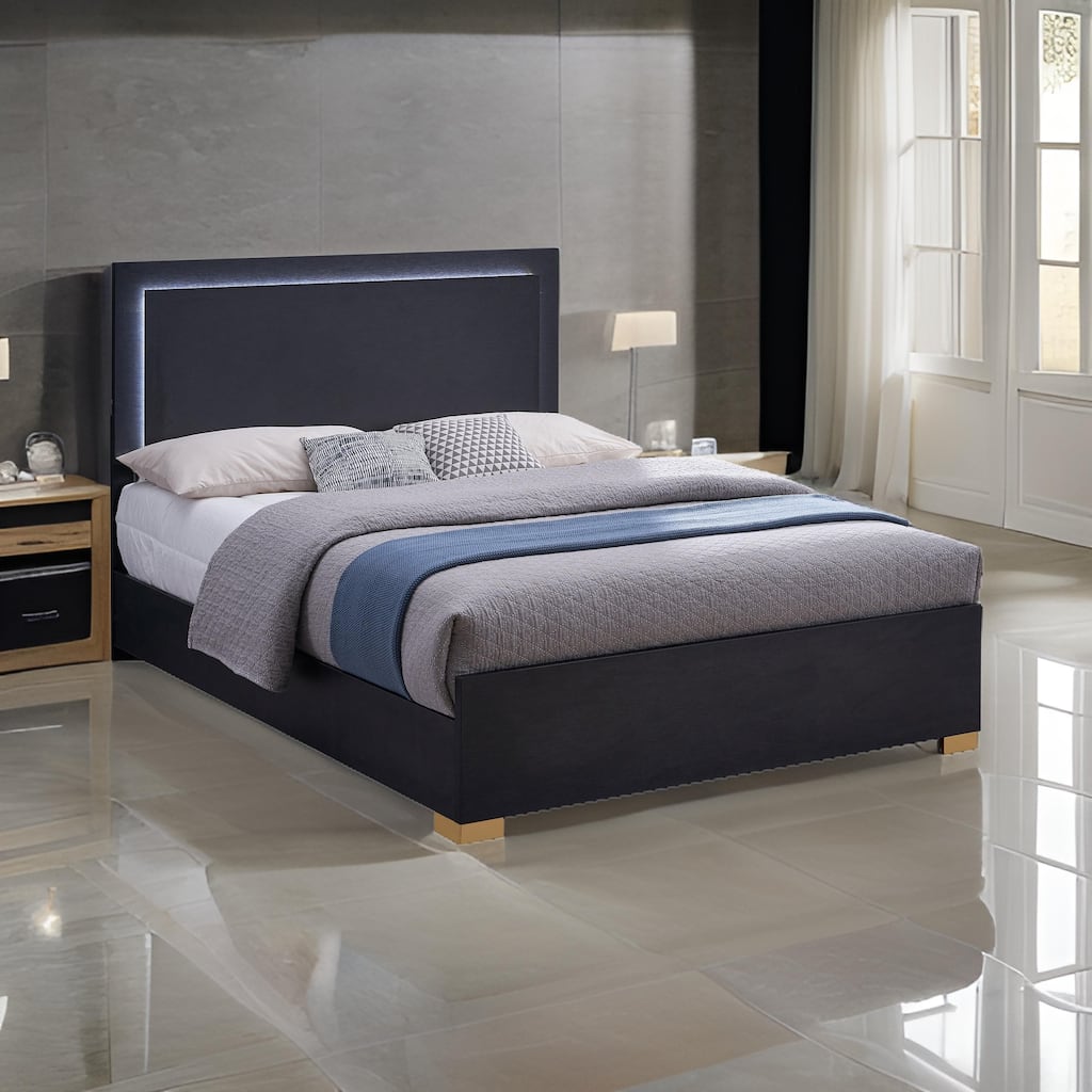 Dex Platform King Size Bed, Panel LED Headboard, Black Wood Melamine Finish