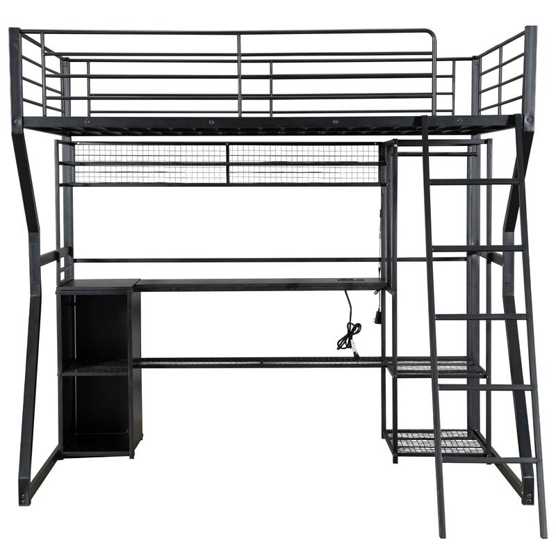 Full Size Black Metal Gaming Loft Bed w/ Open Wardrobe & Built-in Work Station, LED Storage Loft Bed Frame for Kids,Teens,Adults