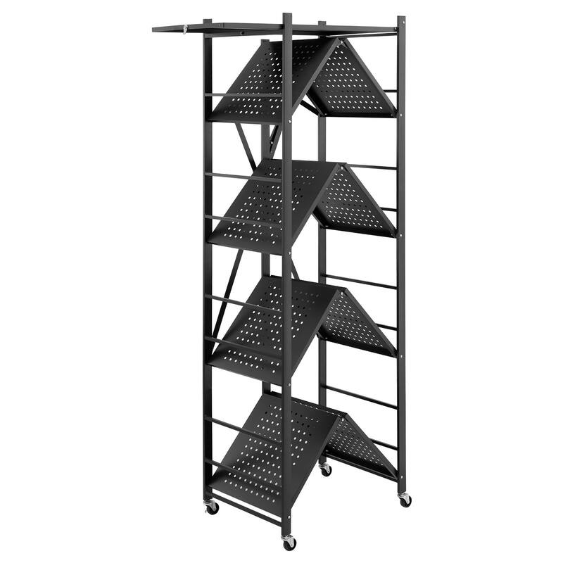 Black Carbon Steel 5 Tier Folding Storage Shelf with Wheels and 750 lbs Load - 15 x 28 x 64 in