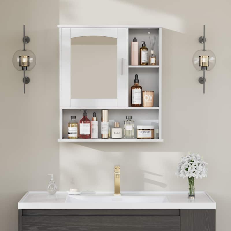 Javlergo White Bathroom Mirror Cabinet Multi-Purpose Storage Wall Mounted Bathroom Storage Cabinet with Mirror and Open Shelves