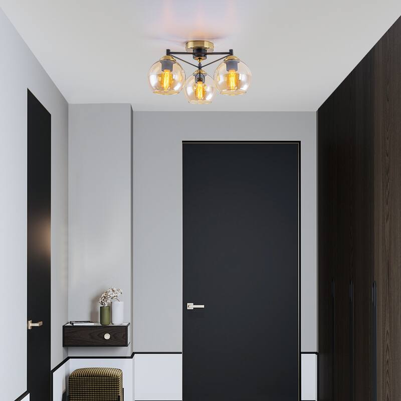 3 Lights Gold Flush Mount Ceiling Light with Amber Glass Globes - Dia.17.72-in
