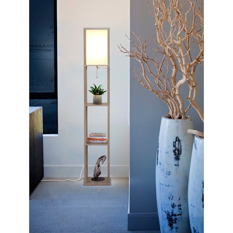 Brightech Maxwell 63 in. Rustic Wood Traditional LED Super Bright 3-Shelf Floor Lamp with White Fabric Square Shade