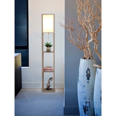Brightech Maxwell 63 in. Rustic Wood Traditional LED Super Bright 3-Shelf Floor Lamp with White Fabric Square Shade