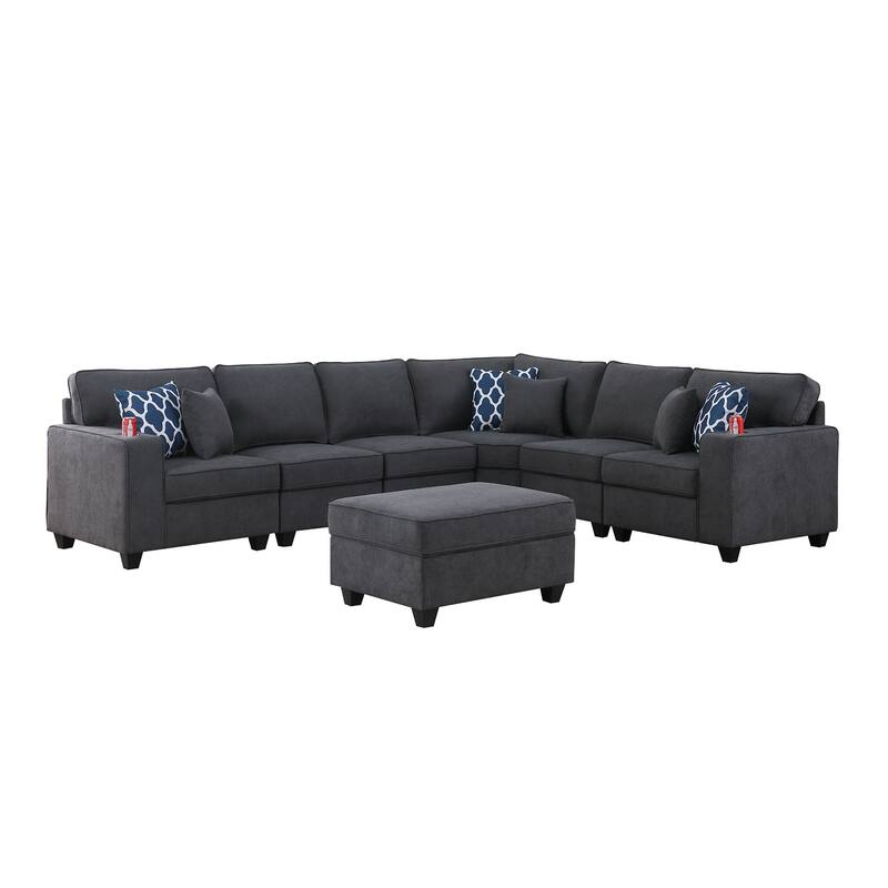 7 Piece Upholstered L-Shape Sectional Sofa with Ottoman in Stone Gray
