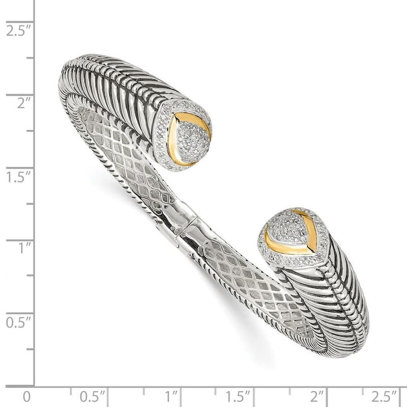 Curata 925 Sterling Silver With 14k Gold Diamond Balinese Vingate Cuff Bangle Bracelet