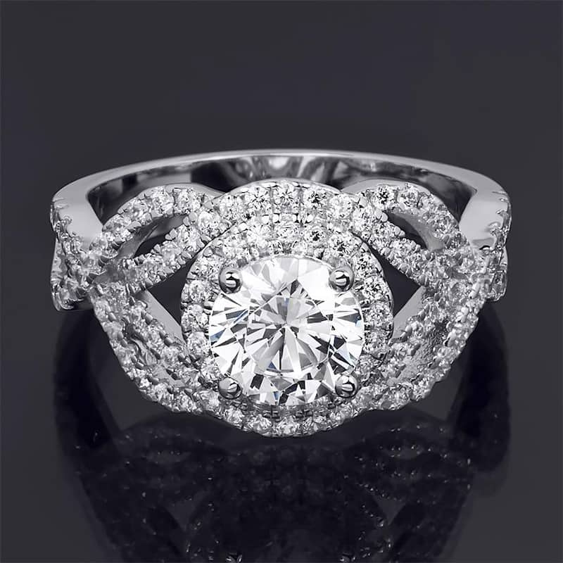 Sterling Silver Round Cut Halo Cubic Zirconia Fashion Cocktail Ring-