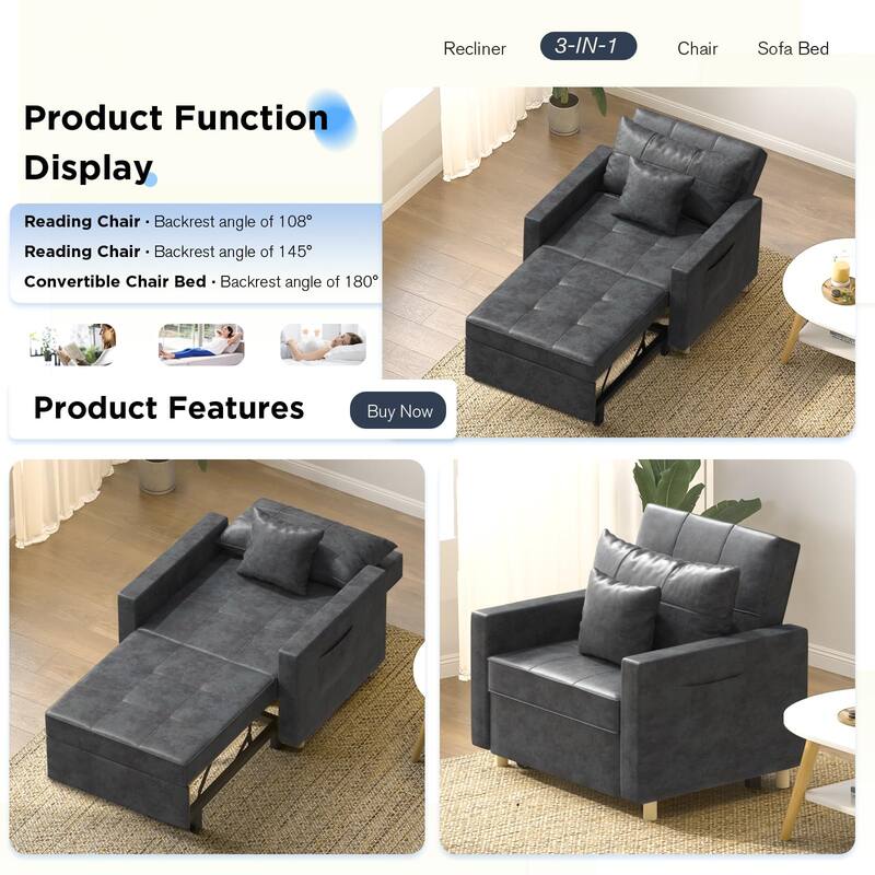 AECOJOY Adjustable Sleeper Chair Bed 3-in-1 Convertible Futon Sofa