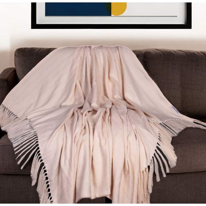 HomeRoots 50" X 60" Cream Woven Cotton Herringbone Throw Blanket with Fringe - Throw - Cream