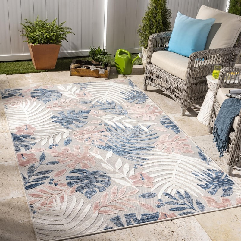 Livabliss Cabo Casual Palm Indoor/ Outdoor Area Rug - Blush/Blue - 5'2" x 7'
