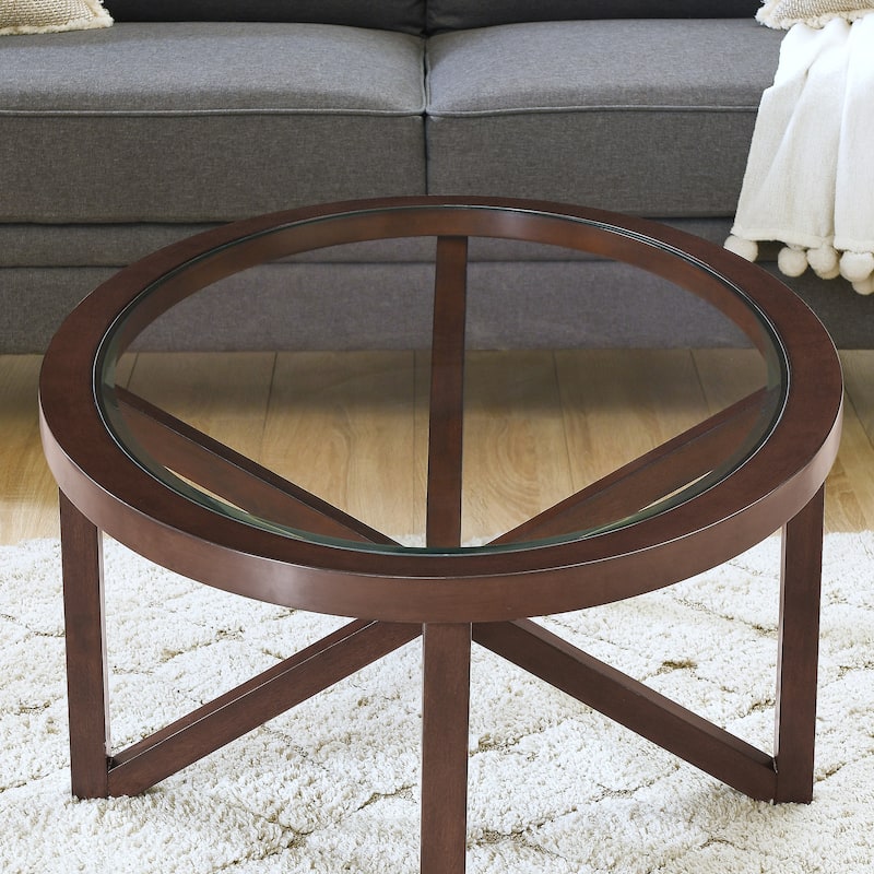Modern Simple Glass Coffee Table, Tempered Glass Coffee Table Solid Wood Base Round Transparent Glass Top