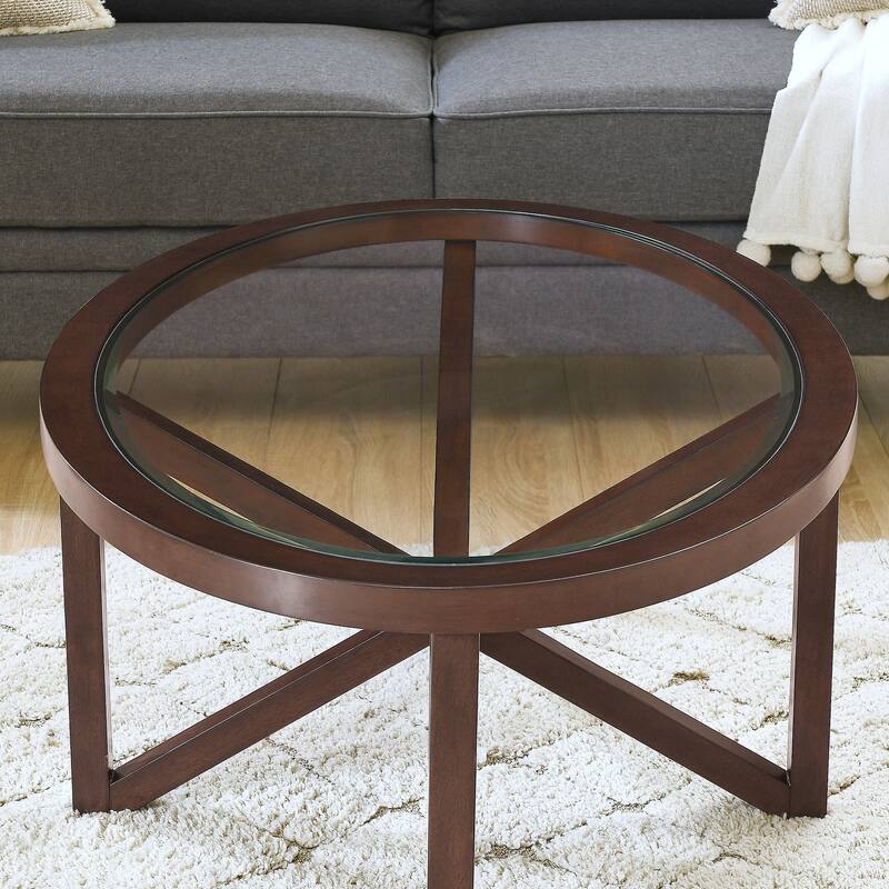 Roomfitters Modern Round Tempered Glass Coffee Table with Solid Wood Base, Transparent Top for Living Room or Study