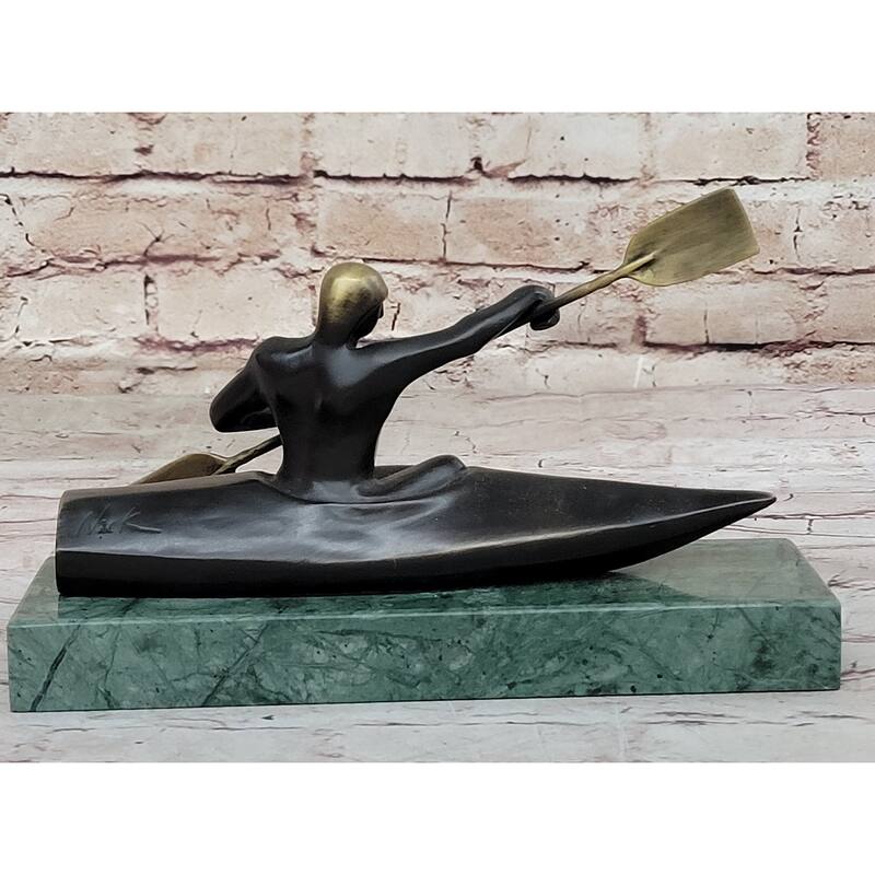 Hot Cast Canoeing Trophy Bronze Sculpture By Mario Nick Green Marble Base Figure