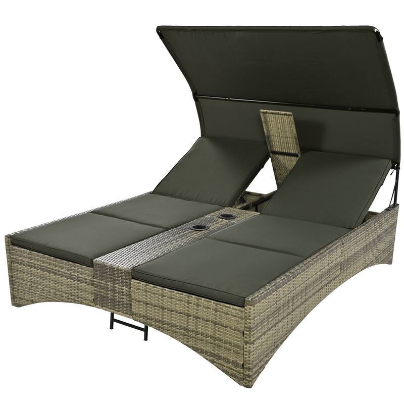 Outdoor Patio Rattan Daybed Sunbed with Canopy and Adjustable Backrest, Storage Box and 2 Cup Holders