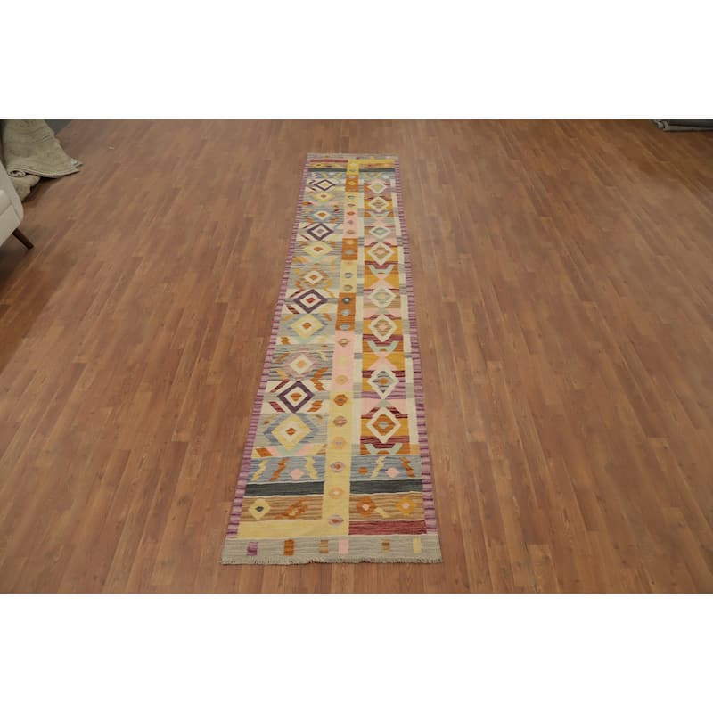 Hand Woven Oriental 100% Wool Carpet Southwestern Tribal Multi-Colored Kilim Runner Rug - 11' 10'' X 2' 7''