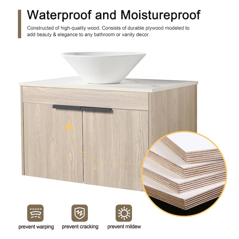 Malwee 24"/30" Floating Bathroom Vanity, Wall Mounted Bathroom Vanity with Ceramic Sink,Soft Close Doors