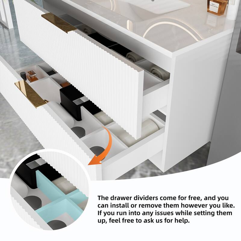 24 Inch Floating Bathroom Vanity with Ceramic Sink, Wall Mounted Modern Fluted Cabinet with 2 Drawers