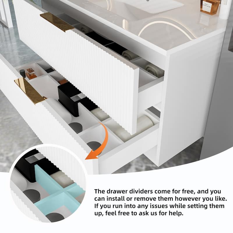 30 Inch Floating Bathroom Vanity with Ceramic Sink, Wall Mounted Fluted Cabinet with Drawers, Modern MDF Design