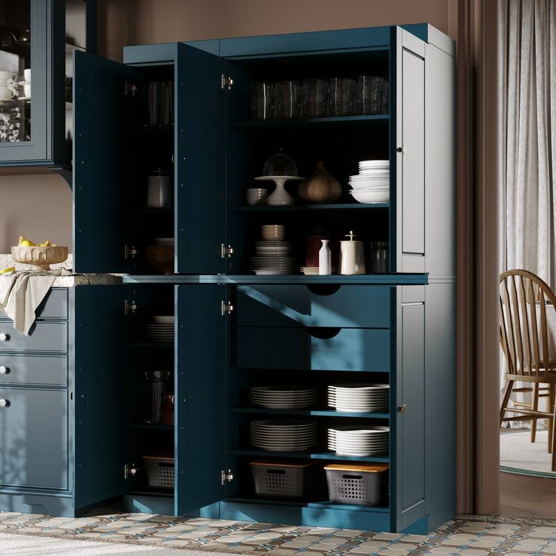 Palace Imports 100% Solid Wood China Pantry with Glass or Solid Wood Doors and 2-Drawers - 48.5" x 71.5" - Teal Blue - Solid