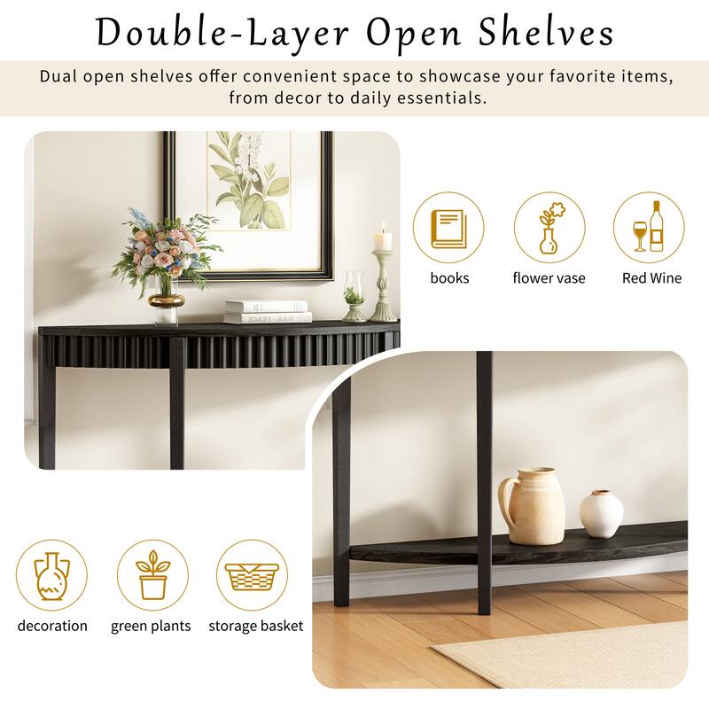 Roomfitters 55'' Elegant Half-Moon Entryway Table with Wood Veneer and Open Shelf, Stylish Console for Hallway or Foyer, Black