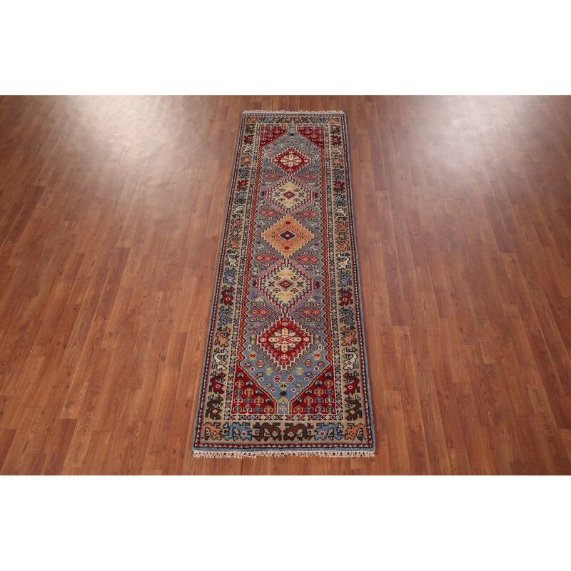 Light Blue Kazak Oriental Runner Rug Handmade Wool Carpet - 2'7"x 8'0"