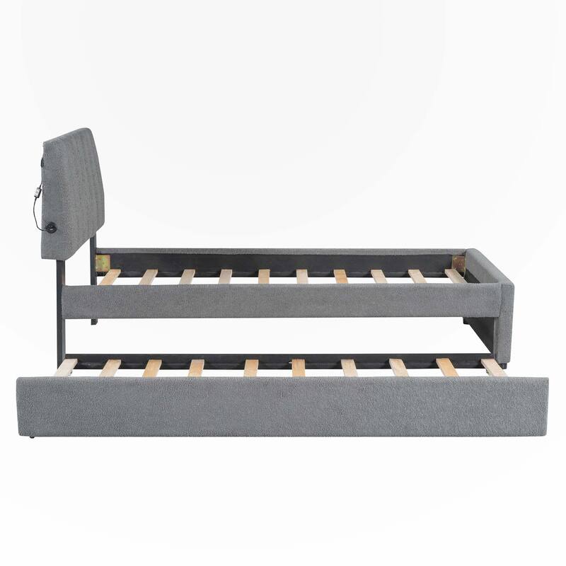 Teddy Fleece Twin Size Upholstered Platform Bed with Trundle