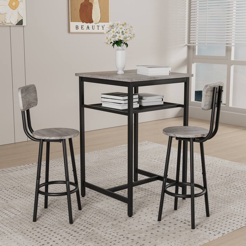 Grey 3-Piece Counter Height Table & Chairs Set with 2 Foldable Stools, Chic Bar Stools with Non-Slip Feet