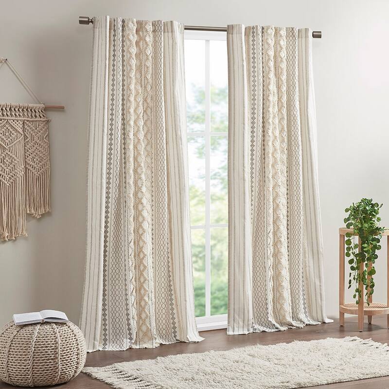 1PC Cotton Printed Curtain Panel with Chenille Stripe and Lining