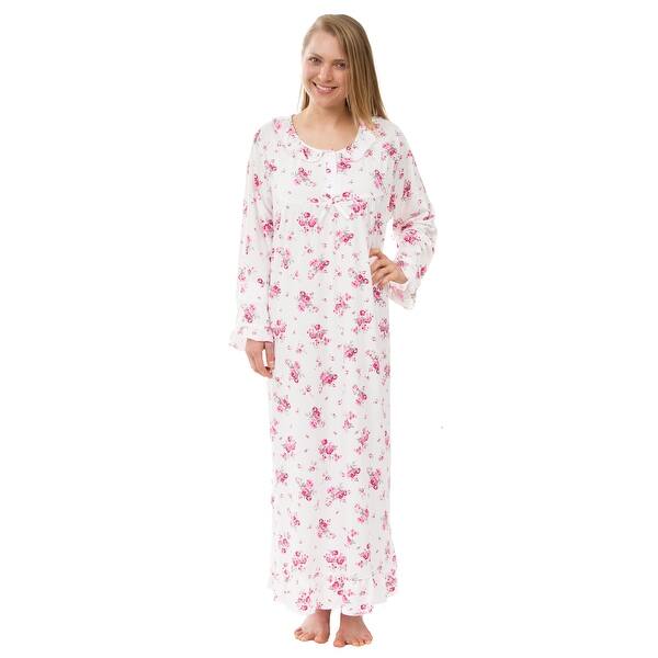 slide 1 of 4, Women's Floral Knit Victorian Nightgown, Long Sleeved Pink Floral Nightgown