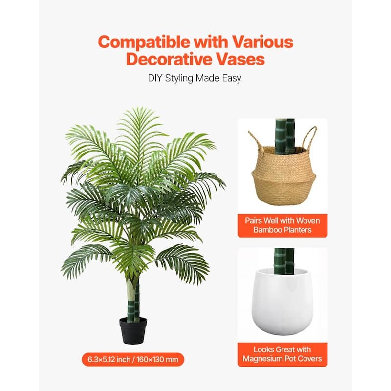 Thick-Trunk Areca Palm Artificial Tree with Green Leaves in White Planter for Home or Office Decor