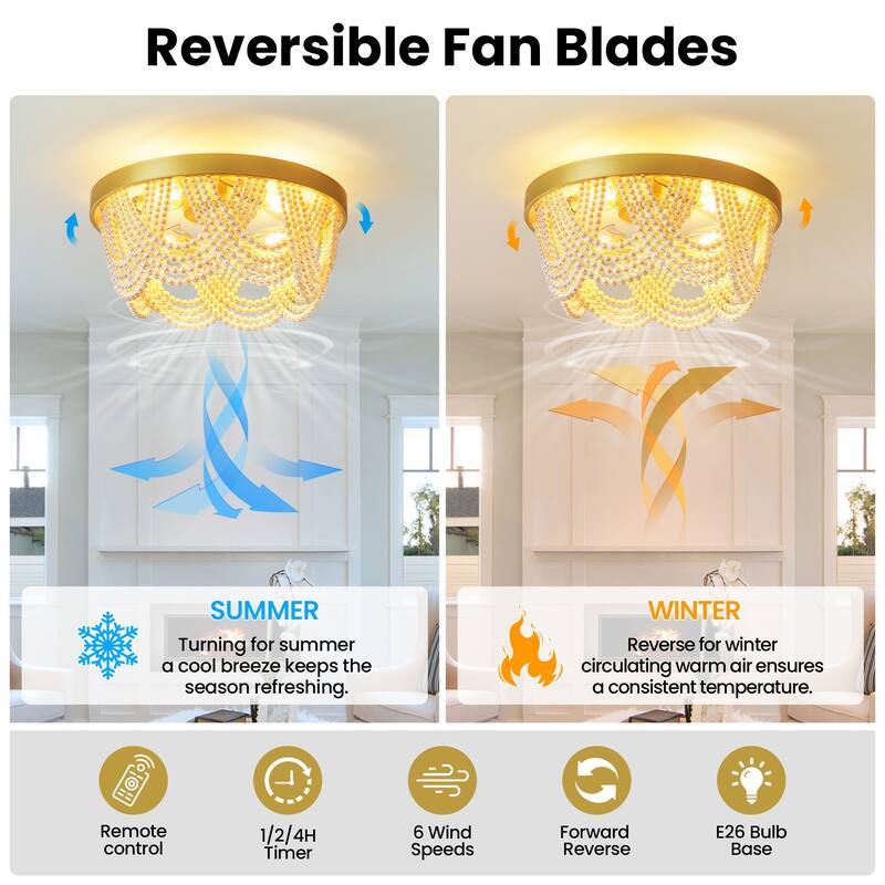 20'' Boho Crystal Ceiling Fans with Lights Flush Mount