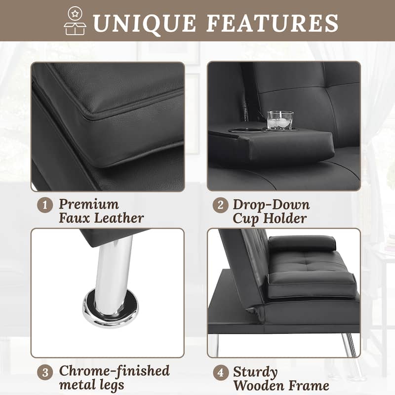Convertible Futon Sofa Bed with Armrests & Cupholders - Faux Leather Reclining Couch for Small Spaces