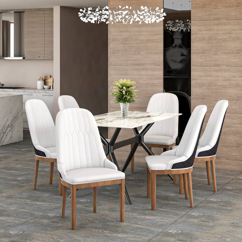 Leather Dining Chair with Rubberwood Legs Side Charis Sleek Diamond Stitching Back