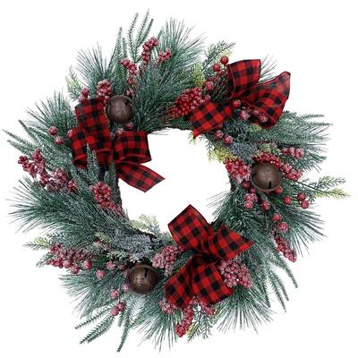 Fraser Hill Farm 24-In. Frosted Wreath with Red Berries, Plaid Bows, and Rustic Sleigh Bells - 2 Foot