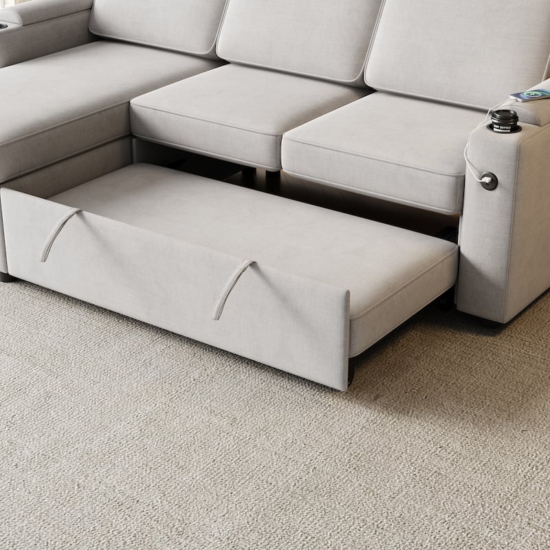 85.8" Sleeper Sectional Sofa with Storage Chaise, Armrest, Charging Port