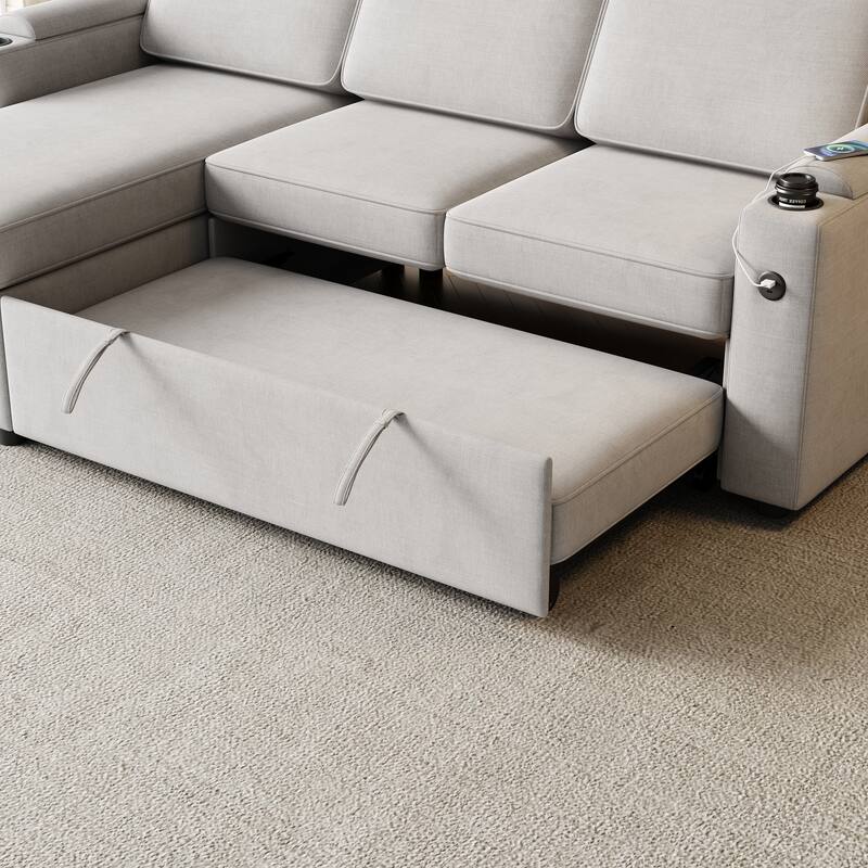 85.8-Inch Sleeper Sofa with Storage,L Shaped Sofa with Pull Out Bed and Charging Port 