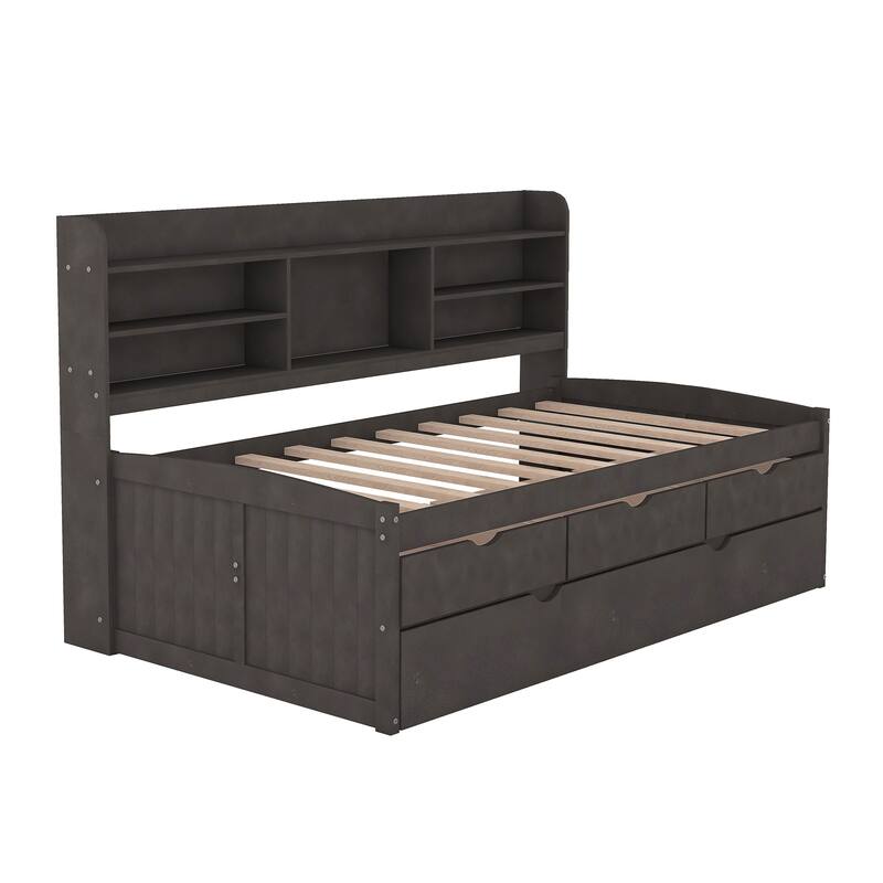 Wooden Captain Bed Platform Bed Frame with Rectangular Storage Headboard Built-in Bookshelves, 3 Storage Drawers and Trundle