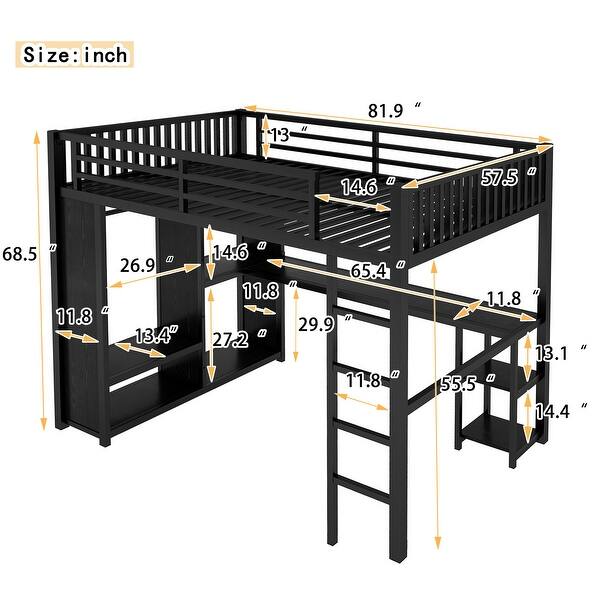 Black Full XL Loft Bed with Desk, Wardrobe, and Storage Shelves, Space-Saving Design